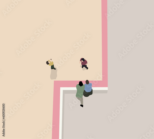 People standing on second floor looking down people walk on street. Building and architecture. 