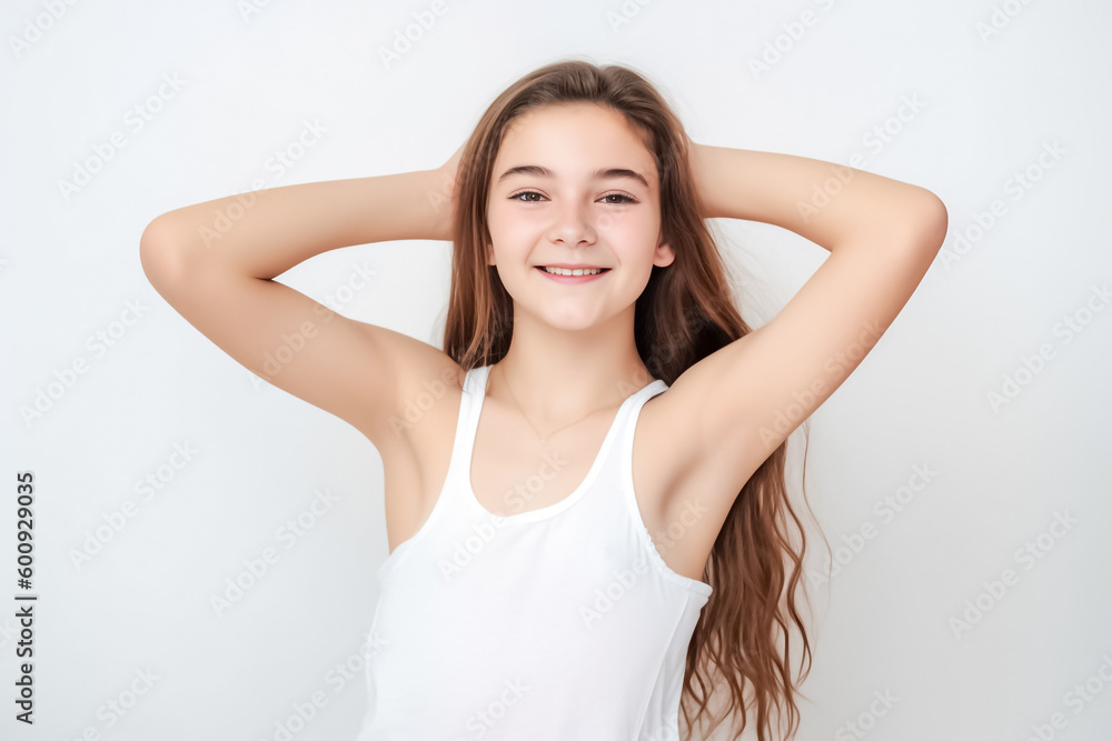 Portrait of Cute red brown hair Woman, She raises her arm to show her Smooth armpit skin and looks at the camera on a White background in Studio light. generative AI. Portrait of Cute red brown hair Woman, She raises her arm to show her Smooth armpit skin and looks at the camera on a White background in Studio light. generative AI.