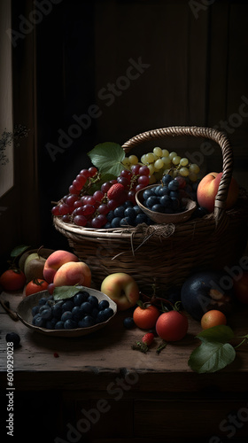 a wicker basket is full of different fruits, dark white and dark azure, voigtlander brilliant, interplay of light and color, high renaissance style, naturalistic shadows photo
