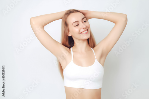 Portrait of Cute red brown hair Woman, She raises her arm to show her Smooth armpit skin and looks at the camera on a White background in Studio light. generative AI.
