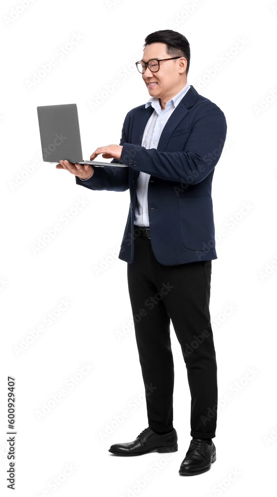 Businessman in suit with laptop on white background
