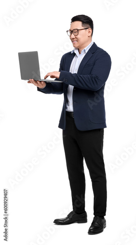 Businessman in suit with laptop on white background