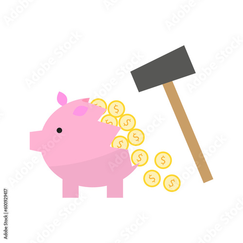 Cartoon piggy bank coins hammer. Business financial investment. Vector illustration.