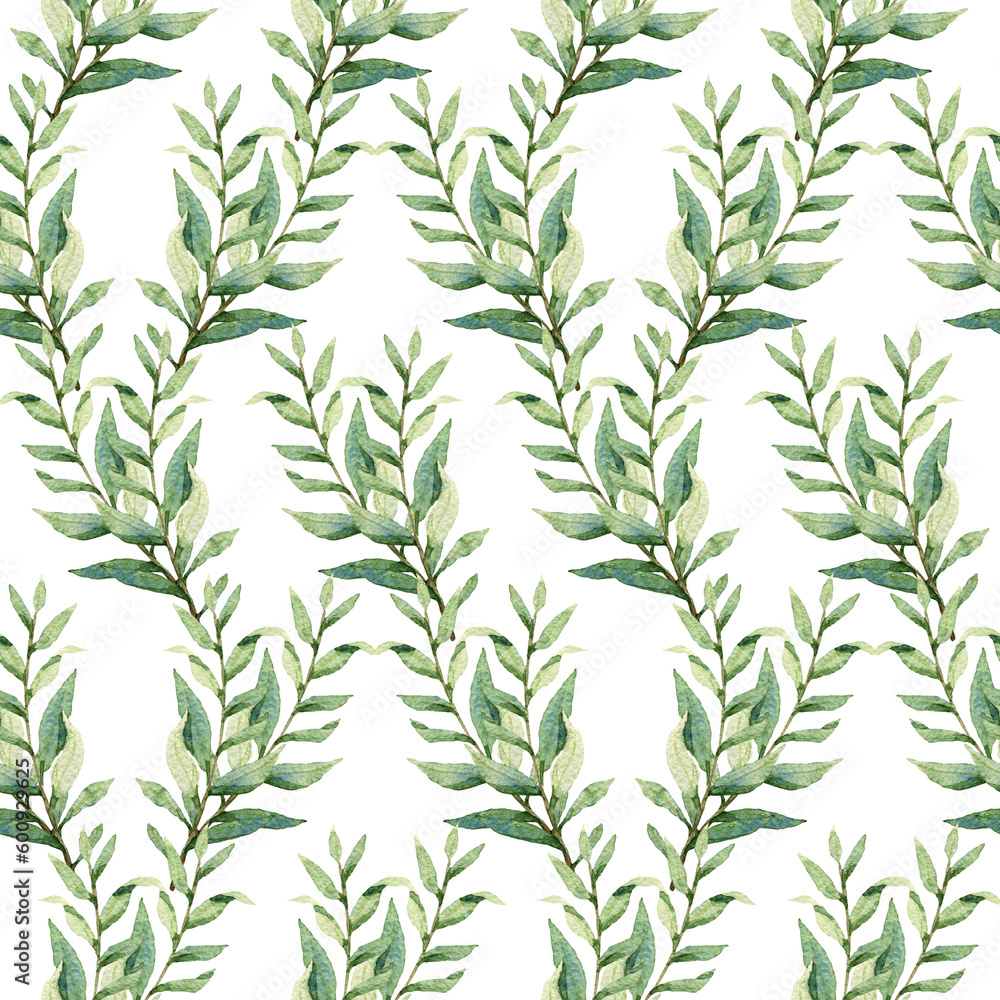 Naklejka premium Watercolor greenery seamless pattern, floral texture on white background