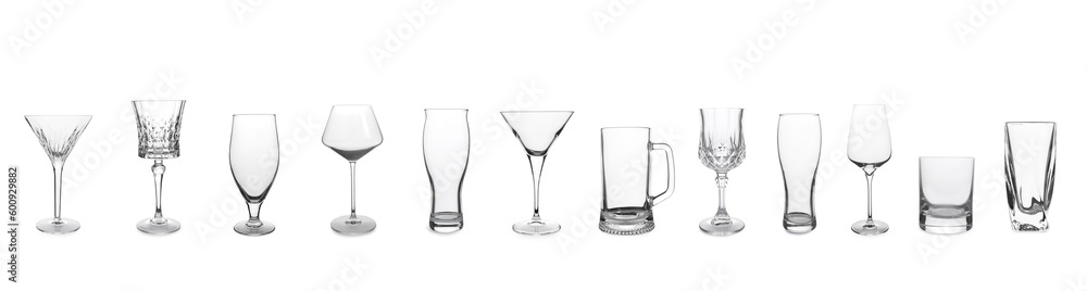 Collage with different empty glasses on white background