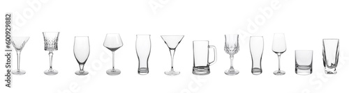 Collage with different empty glasses on white background