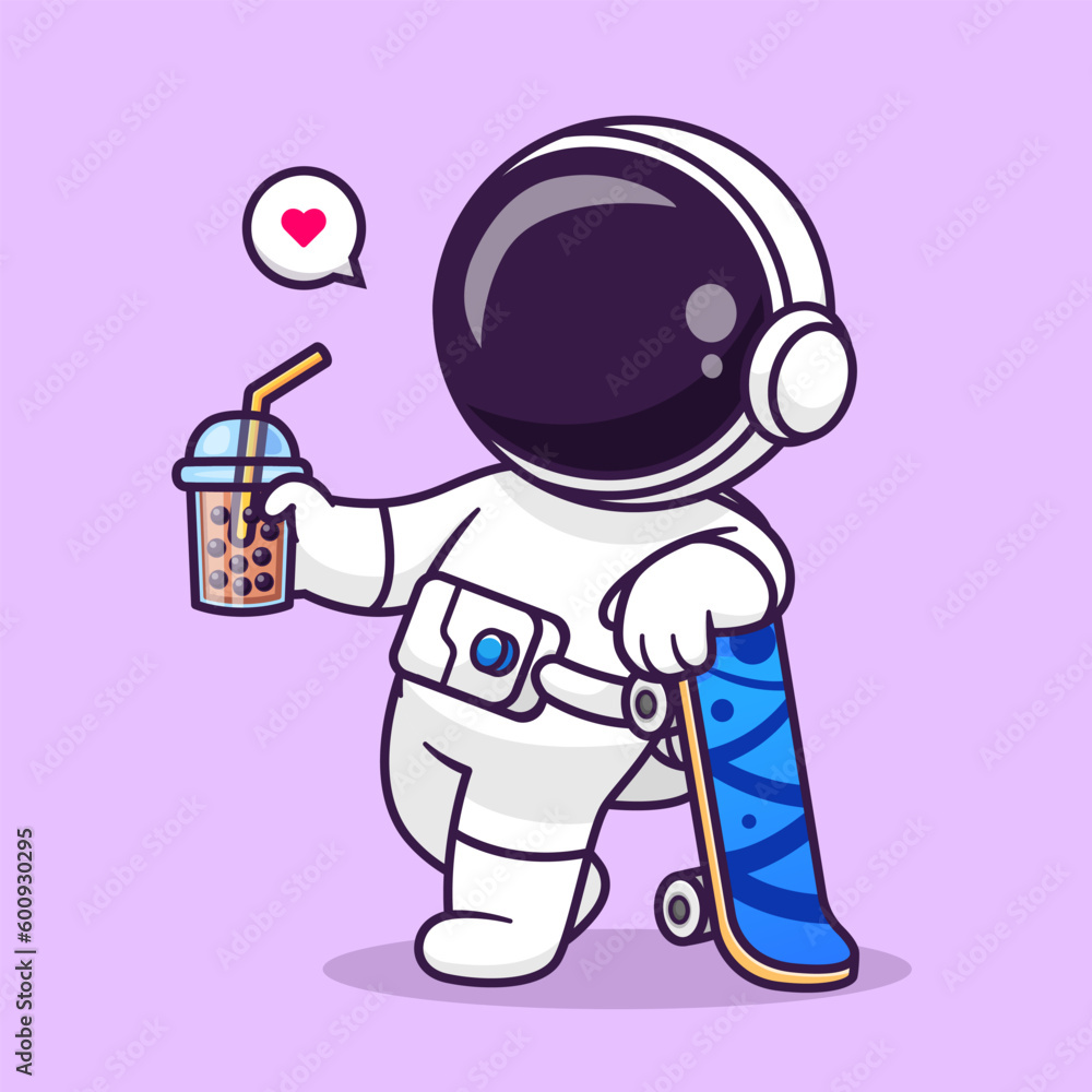 Cute Astronaut Drink Boba Milk Tea With Skateboard Cartoon Vector Icon Illustration. Science Drink Icon Concept Isolated Premium Vector. Flat Cartoon Style