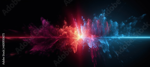 Red and blue particles colliding and exploding. Science concept. Powerful burst of light. photo