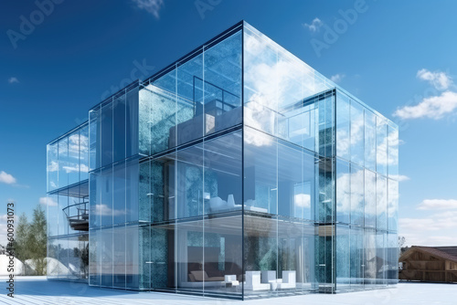 House or structure with a lot of glass. Building form of the future, generative AI
