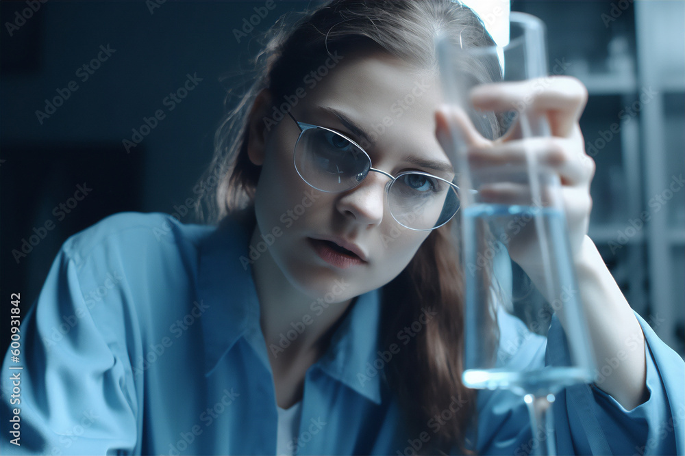 Portrait of female scientist analyzing a liquid in test tubes in a pharmaceutical laboratory. Generative AI Portrait of female scientist analyzing a liquid in test tubes in a pharmaceutical laboratory. Generative AI