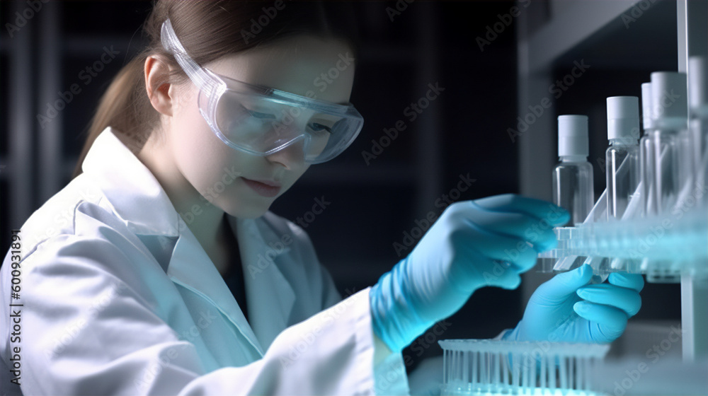 Fototapeta premium Portrait of female scientist analyzing a liquid in test tubes in a pharmaceutical laboratory. Generative AI