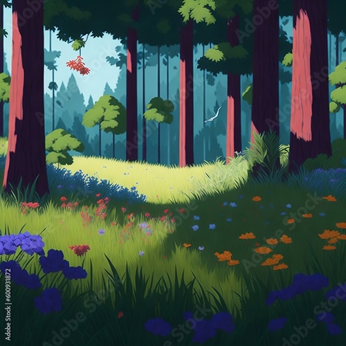 Beautiful and peaceful drawing of a cartoon-style forest 
