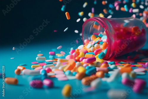 Various different colourful medicines in tablet or capsule form, spread out. Generative AI