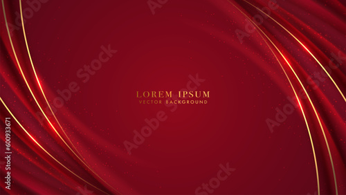 Luxury golden lines with curve light and glittering effects element decoration. Red elegant background style vector design