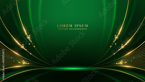 Luxury golden lines with curve light, glittering light effects elements. Green elegant background style vector design