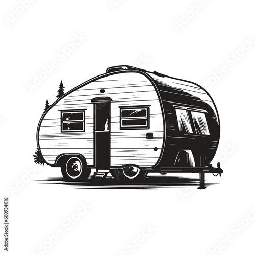 camp trailer, vintage logo line art concept black and white color, hand drawn illustration