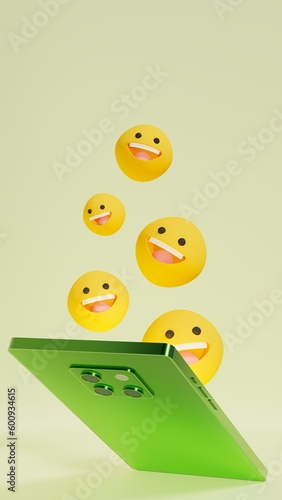 group of smile emoticons exit smartphone screen, green scenery, 3d illustration