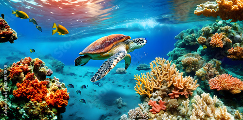 A sea turtle diving in the ocean with coral reefs and fish. Generative AI