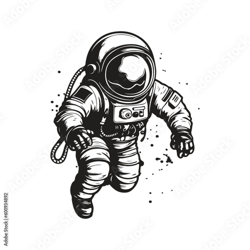 cartoon astronaut, vintage logo line art concept black and white color, hand drawn illustration
