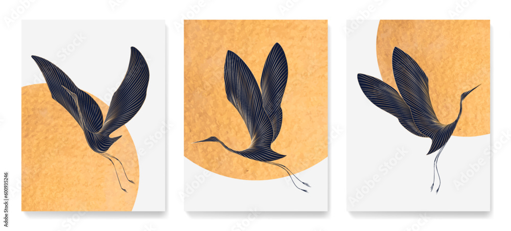 Fototapeta Art background with cranes on with sun on background with golden elements in art line style. Set of animalistic posters for decoration, print, wallpaper, textile, interior design.