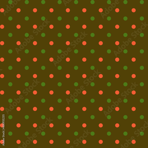 Green and orange geometric polka dot seamless pattern on a dark faded juniper, olive-green background
