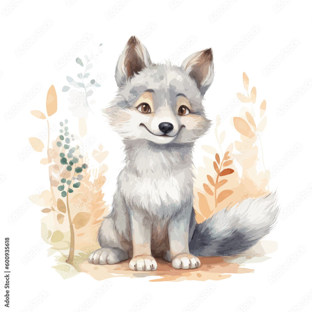 Obraz premium Cute Watercolor Gray Wolf In Natural State Standing Adorable