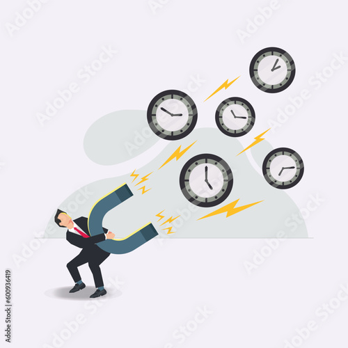 Vector businessman use a big magnet attract giant clock. Need more time concept illustration