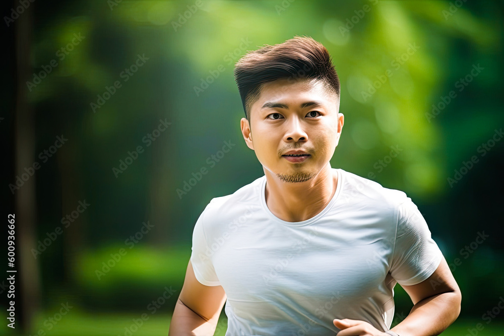 Asian man running in the park or outdoors, summer season. Generative AI Asian man running in the park or outdoors, summer season. Generative AI