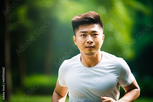 Asian man running in the park or outdoors, summer season. Generative AI