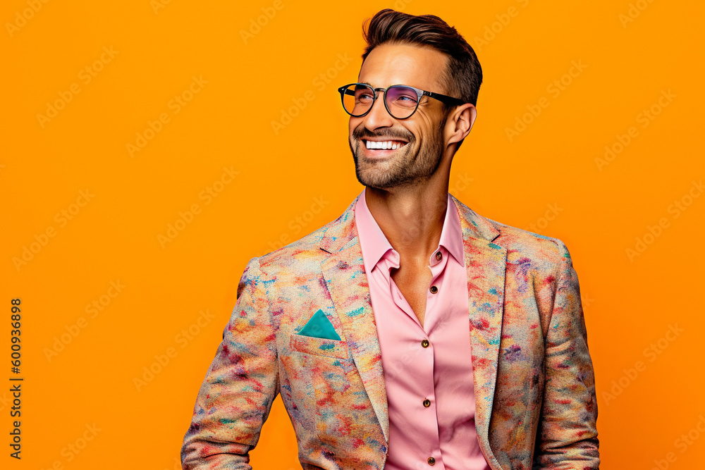 Enthusiastic Man Portrait: Joyful Winner with Dynamic Poses and Excitement, Trending Model Smiling and Emotionally Gesturing on Colorful Design Background Enthusiastic Man Portrait: Joyful Winner with Dynamic Poses and Excitement, Trending Model Smiling and Emotionally Gesturing on Colorful Design Background