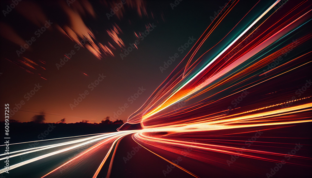 Abstract long exposure dynamic speed light in rural city road Ai generated image