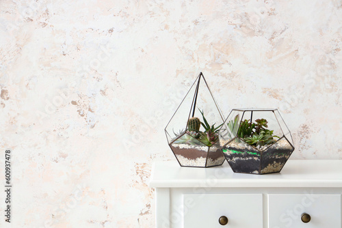 Florariums on table near light wall