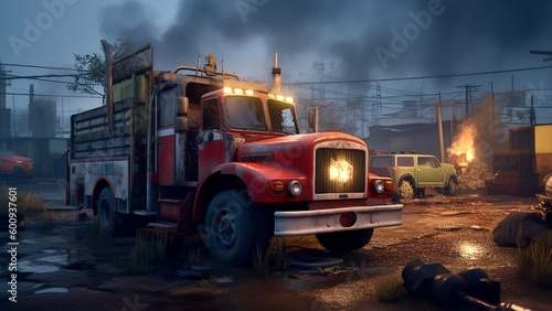 scrap truck in junkyard 3d rendered hazy dusk scene