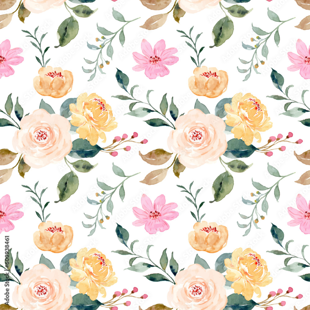 Yellow pink floral watercolor seamless pattern