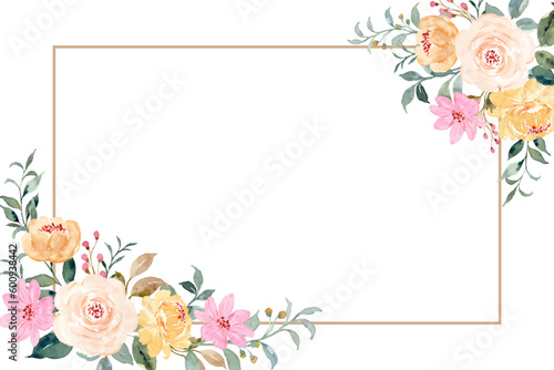 Yellow pink rose flower watercolor frame