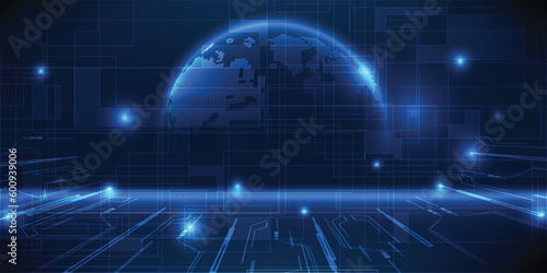 Vector illustration of horizontal digital space with blue futuristic gloabe and digital circuit curve backdrop for game and digital advertising artwork.Digital tech concepts.