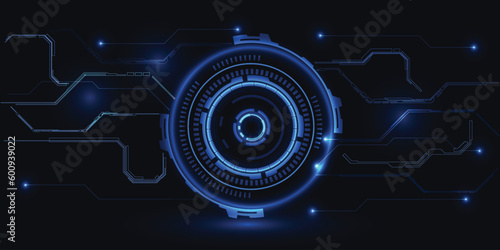 Vector illustration of futuristic blue digital high technology with circle hud and digital circuit element pattern for game and advertising artwork.Future tech concepts.
