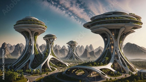 Landscape of a sci-fi futuristic alien-city in nature at dusk - Generative AI Illustration