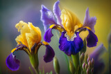 Beautiful yellow and violet Iris flower with bokeh background. Generative AI