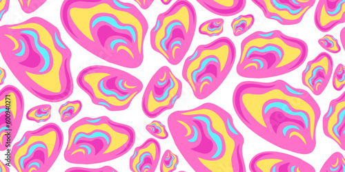 Seamless pattern with neon colors shells. Psychedelic abstract print.