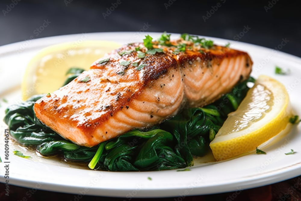 Grilled Salmon Steak with spinach. Generative AI Grilled Salmon Steak with spinach. Generative AI