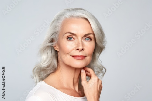 Beautiful gorgeous 50s mid aged mature woman looking at camera isolated on white. Mature old lady close up portrait. Healthy face skin care beauty, middle age skincare cosmetics. Generative AI photo
