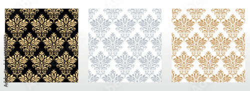 Wallpapers in the style of Baroque. Seamless vector backgrounds. Set of colored floral ornaments. Graphic patterns for fabric, wallpaper, packaging. Ornate Damask flower ornaments