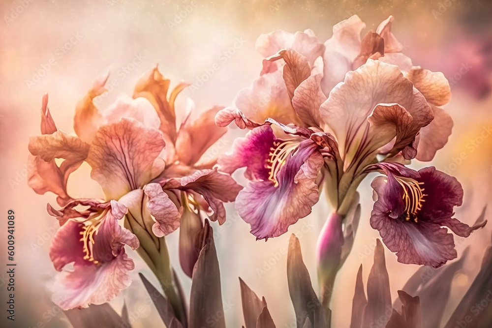 Beautiful rose gold and pink Iris flower with bokeh background. Generative AI Beautiful rose gold and pink Iris flower with bokeh background. Generative AI