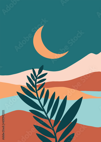 drawing of a plant in the foreground. Behind the river and the moon in pastel shades. Poster style