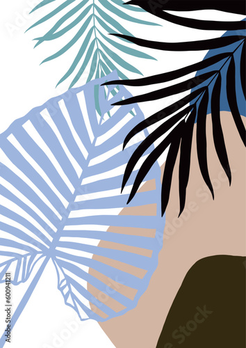 digital background in tropical style in pastel shades. Three palm branches are drawn. Poster style