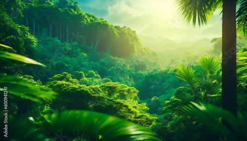 Beautiful tropical rainforest landscape with sun rays and lens flare effect