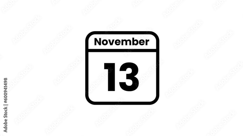 13 November calendar icon animation. Luma matte with transparent background 4K resolution 13 November calendar icon animation. Luma matte with transparent background 4K resolution