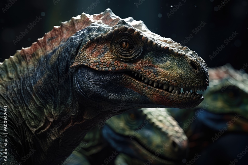 Fototapeta premium Dinosaurs. The dominant group of land vertebrates in the Mesozoic era. Tyrannosaurus, Stegosaurus, Pterodactyl, Triceratops. Life before our time. Jurassic Period
