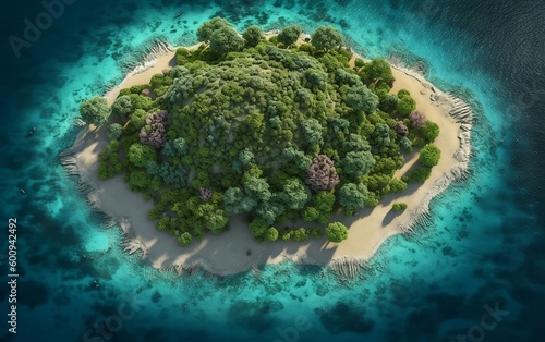 Top view of tropical island surrounded by turquoise water created with Generative AI technology  © Oksana